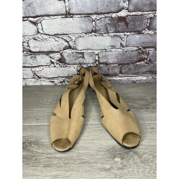 ARCHE Tan Brown Nubuck Leather Peep Toe Slingback Wedge Women’s Sz 42EU/11M US - Picture 16 of 16